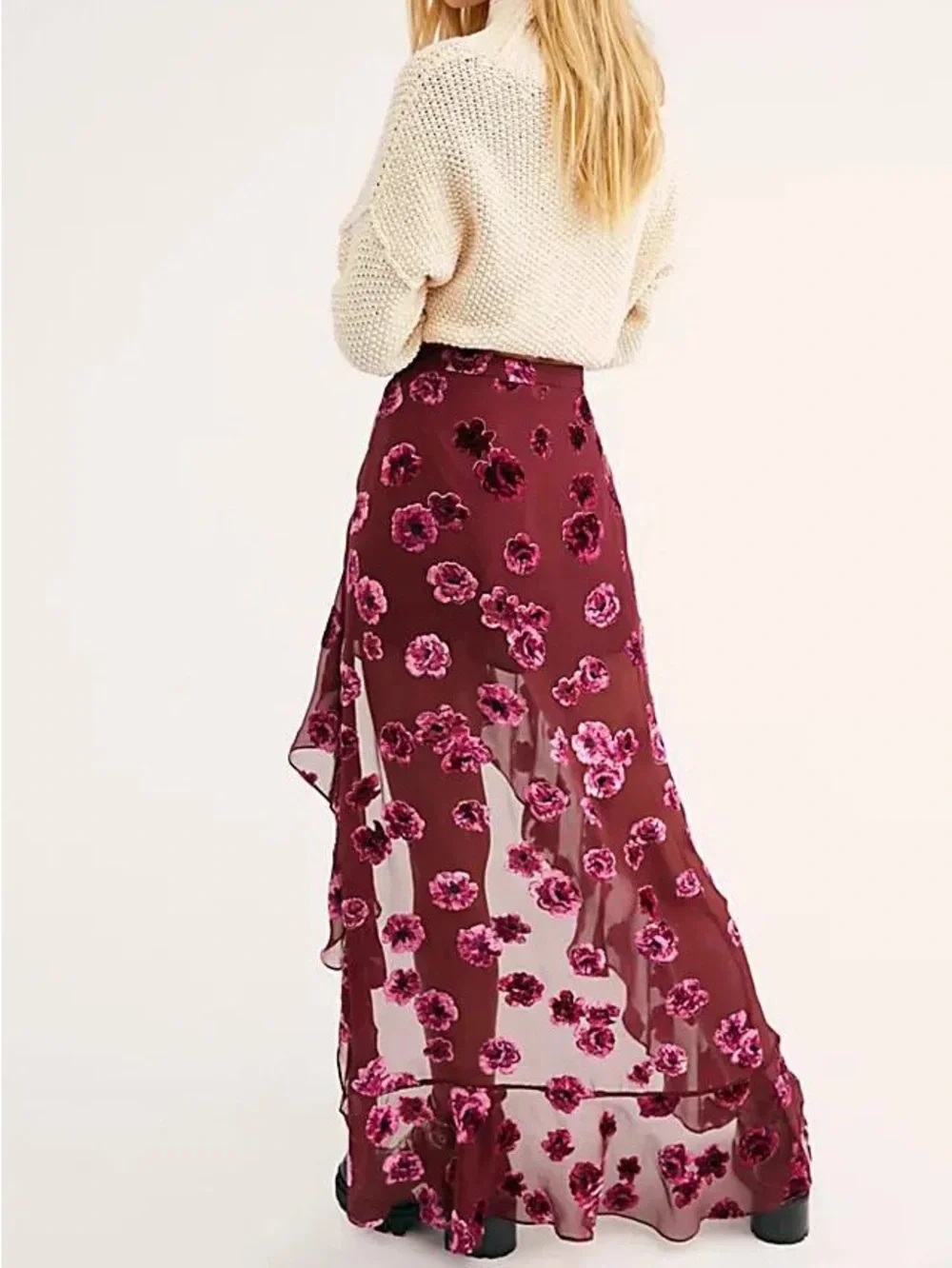 For Love & Lemons Sophie Velvet Floral Asymmetrical Maxi Skirt, Size XS